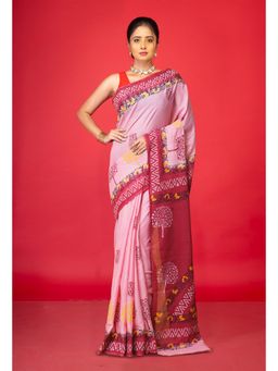 Unnati Silks - Pink Pure Hand Block Printed Soft Cotton Saree With Unstitched Blouse
