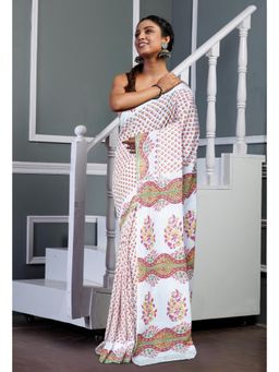Unnati Silks - White Pure Block Printed Soft Cotton Saree With Unstitched Blouse