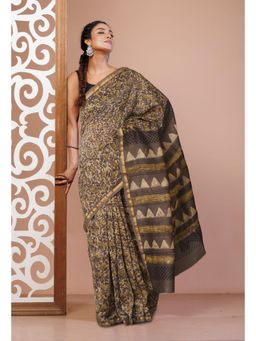 Unnati Silks - Brown Pure Vanaspati Block Printed Chanderi Sico Saree With Unstitched Blouse