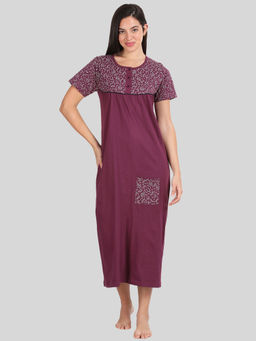 Kryptic - Womens Burgundy Floral Printed Pure Cotton Maxi Nightdress