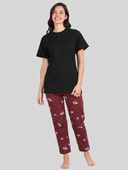 Kryptic - Womens Cotton Black and Maroon Relaxed Fit Pyjama (Set of 2)