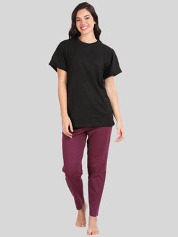 Kryptic - Womens Cotton Black and Burgundy Relaxed Fit Pyjama (Set of 2)