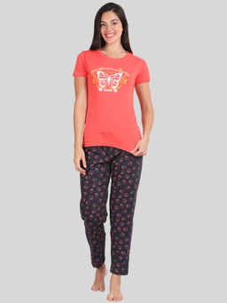 Kryptic - Womens Cotton Coral and Navy Relaxed Fit Pyjama (Set of 2)