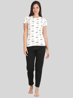 Kryptic - Womens Cotton Offwhite and Black Relaxed Fit Pyjama (Set of 2)