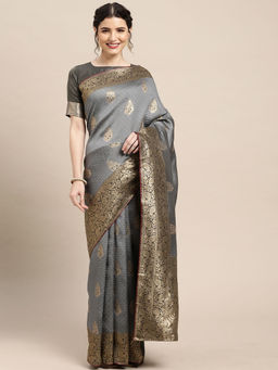 Sareemall - Women's Banarasi Grey Woven Design Woven Saree with Unstitched Blouse