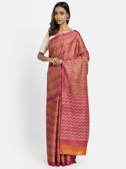 Fabindia - Pink Silk Hand Block Print Saree without Blouse