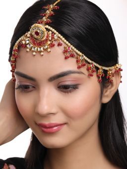 VIRAASI - Wedding Wear Traditional Gold Red Kundan & Pearl Bridal Mathapatti For Women