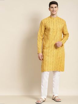 SOJANYA - Men Cotton Blend Mustard Printed Kurta with White Churidar Pyjama (Set of 2)