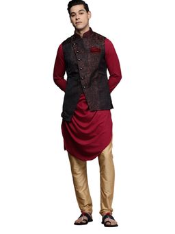 Manyavar - Red Woven Design Kurta Jacket Pyjama (Set of 3)