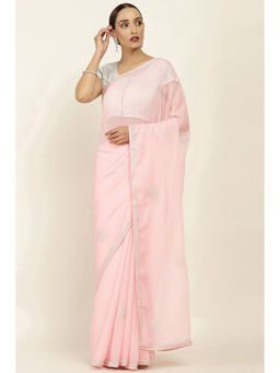 Soch - Pink Pure Chiffon Ethnic Motifs Embellished Saree with Unstitched