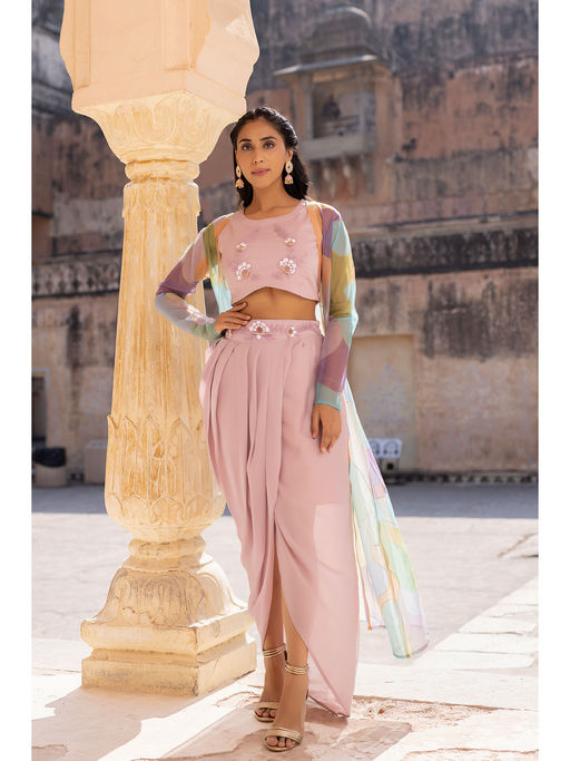 Ragavi Primrose Pink Crop Top with Tulip Skirt Shrug (Set of 3)