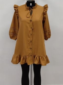 Twenty Dresses by Nykaa Fashion - Light Brown Tie Up Neck Three Fourth Sleeve Mini Shirt Dress