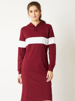 Miss Chase - Women's Maroon And White Full Sleeve Hooded Knee Length T-Shirt Dress