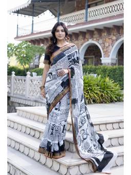 Ragavi - Newspaper Print Cotton Saree with Unstitched Blouse