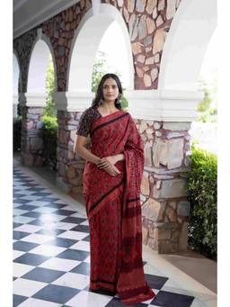 Ragavi - Cardinal Blue Ajrakh Cotton Saree with Unstitched Blouse