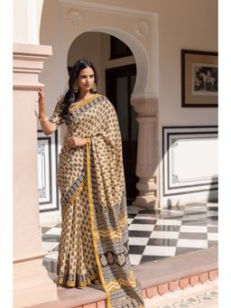 Ragavi - Camel Ajrakh Cotton Saree with Unstitched Blouse