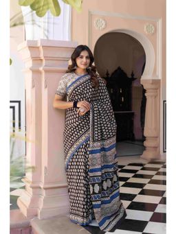 Ragavi - Ink Hand-Block Cotton Saree with Unstitched Blouse