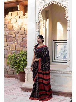 Ragavi - Gravel Chevron Ajrakh Cotton Saree with Unstitched Blouse