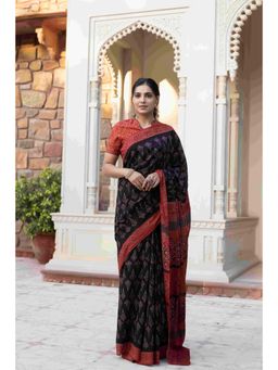 Ragavi - Ebony Ajrakh Cotton Saree with Unstitched Blouse