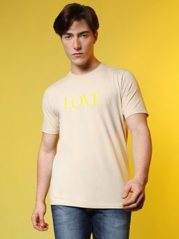 Campus Sutra - Beige Mens Printed Oversized Basic T-Shirt