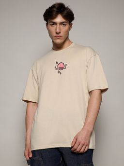 Campus Sutra - Beige Mens Printed Oversized Basic T-Shirt