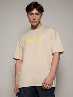 CAHOOT - Beige Mens Printed Oversized Basic T-Shirt