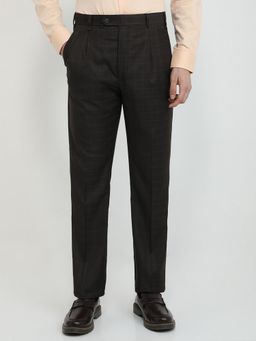 Raymond - Regular Fit Checkered Dark Olive Pure Cotton Trouser