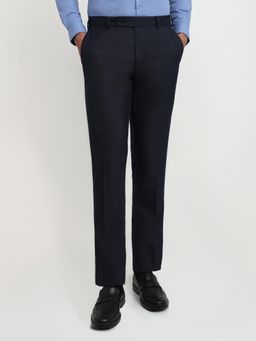 Raymond - Slim Fit Self Design Navy Blue Pure Cotton Trouser
