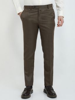 Raymond - Slim Fit Checks Dark Khaki Pure Cotton Trouser