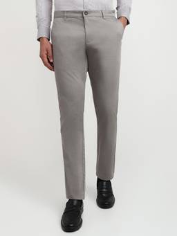Parx - Low Rise Tapered Fit Checks Medium Stone Grey Cotton Blend Trouser