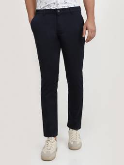 Parx - Low Rise Tapered Fit Printed Navy Blue Pure Cotton Trouser