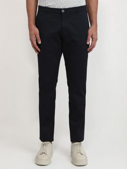 Parx - Low Rise Tapered Fit Printed Navy Blue Pure Cotton Trouser