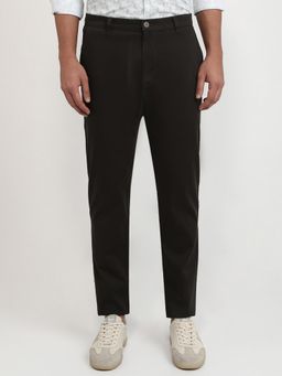 Parx - Low Rise Tapered Fit Self Design Dark Olive Pure Cotton Trouser