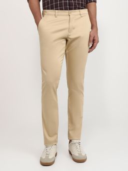 Parx - Low Rise Tapered Fit Solid Medium Khaki Pure Cotton Trouser