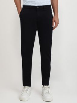Parx - Low Rise Tapered Fit Solid Navy Blue Pure Cotton Trouser
