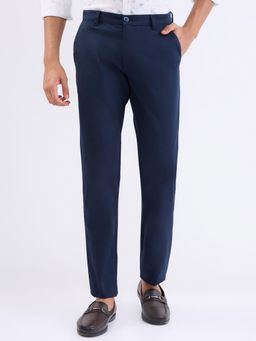 Parx - Low Rise Tapered Fit Solid Navy Blue Pure Cotton Trouser