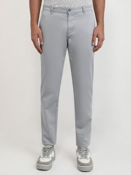 Parx - Low Rise Tapered Fit Solid Medium Grey Pure Cotton Trouser