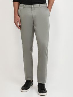 Parx - Low Rise Tapered Fit Solid Medium Green Pure Cotton Trouser