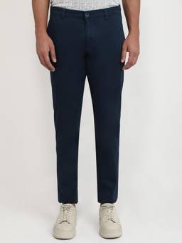 Parx - Low Rise Tapered Fit Solid Dark Teal Pure Cotton Trouser
