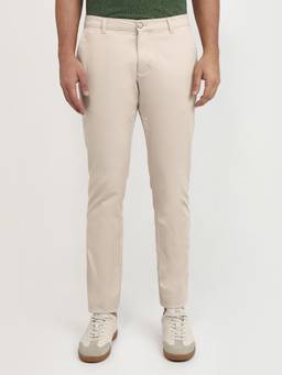 Parx - Low Rise Tapered Fit Solid Light Beige Pure Cotton Trouser