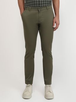 Parx - Low Rise Tapered Fit Solid Medium Green Pure Cotton Trouser