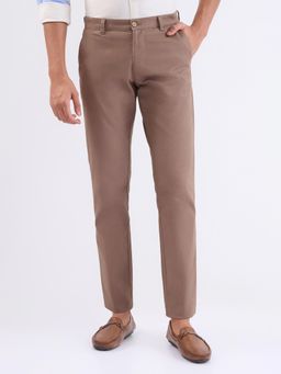 Parx - Low Rise Tapered Fit Solid Dark Brown Pure Cotton Trouser