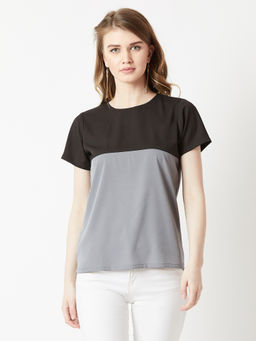 Miss Chase - Women Black & Steel Grey Round Neck Short Sleeve Color Block Solid Boxy Top