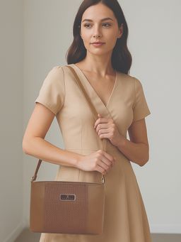 ESBEDA - Tan Colour Dual-Zip Textured Sling Bag For Women