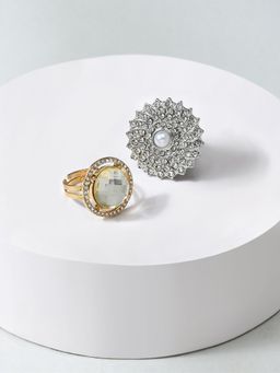 Zaveri Pearls - Silver & Gold Tone Set of 2 Contemporary Austrian Diamonds Finger Rings ZPFK10572