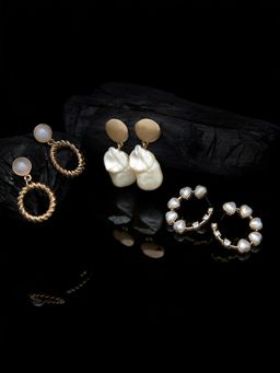 Zaveri Pearls - Gold Tone Set of 3 Contemporary Pearl Studs & Drop Earrings ZPFK10621