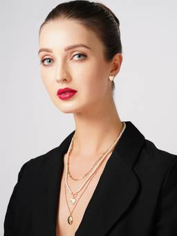 Zaveri Pearls - Gold Tone Contemporary 3 Layers Necklace & Stud Earring Set ZPFK10883