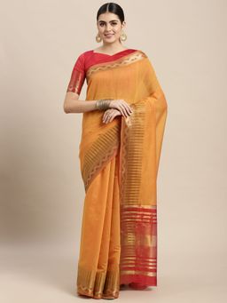 VAIRAGEE - Orange and Red Striped Cotton Saree with Unstitched Blouse