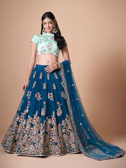 Odette - Elegant Blue Semi Stitched Lehenga With Unstitched Blouse (Set of 3)