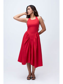 COLOR CAPITAL - Women Red Cotton Halter Neck Dress